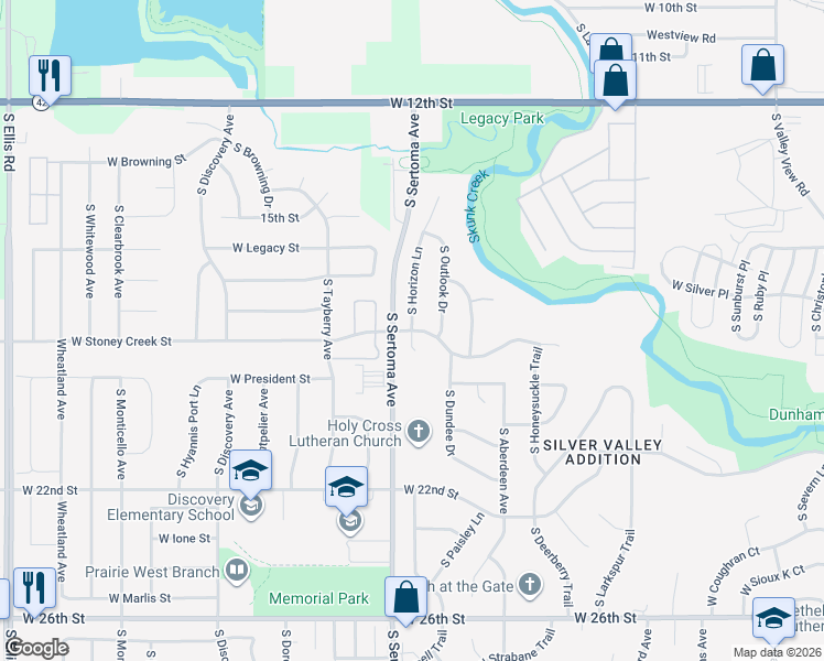 map of restaurants, bars, coffee shops, grocery stores, and more near 7298 West Stoney Creek Street in Sioux Falls