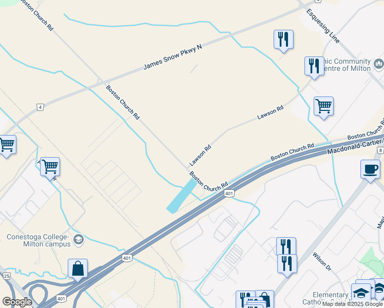 map of restaurants, bars, coffee shops, grocery stores, and more near 8445 Boston Church Road in Milton