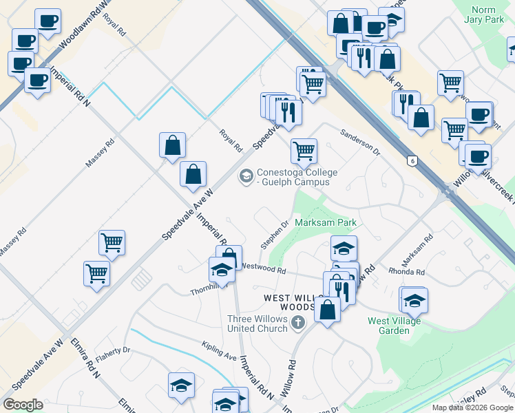 map of restaurants, bars, coffee shops, grocery stores, and more near 51 Grandridge Crescent in Guelph
