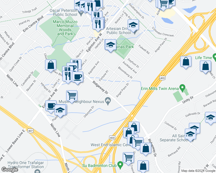 map of restaurants, bars, coffee shops, grocery stores, and more near 3448 Covent Crescent in Mississauga