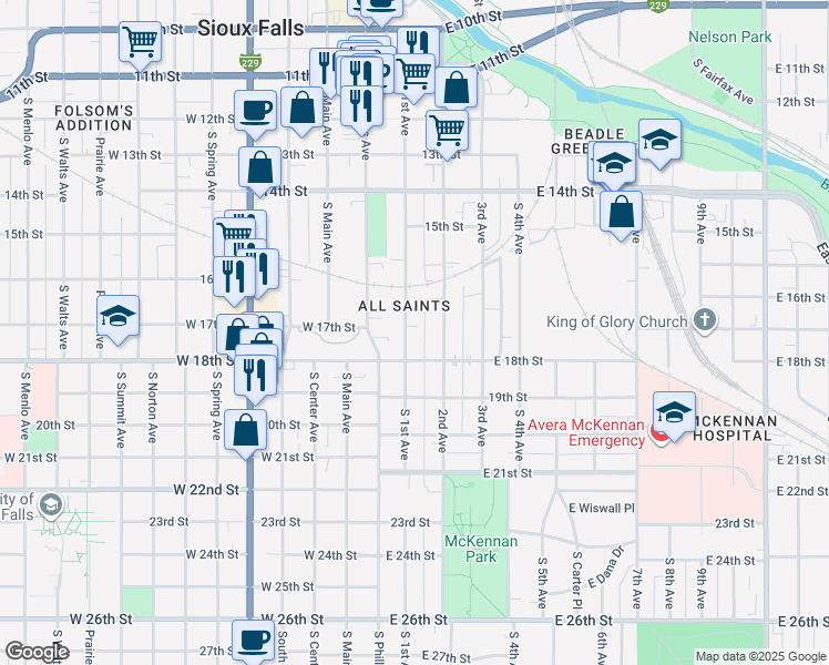 map of restaurants, bars, coffee shops, grocery stores, and more near 914 South 1st Avenue in Sioux Falls