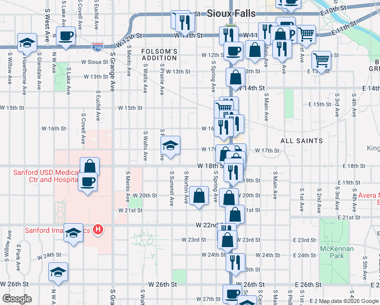 map of restaurants, bars, coffee shops, grocery stores, and more near 613 West 17th Street in Sioux Falls