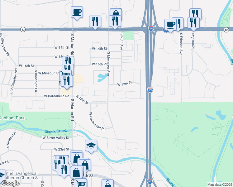 map of restaurants, bars, coffee shops, grocery stores, and more near 4701-4899 West Sara Place in Sioux Falls