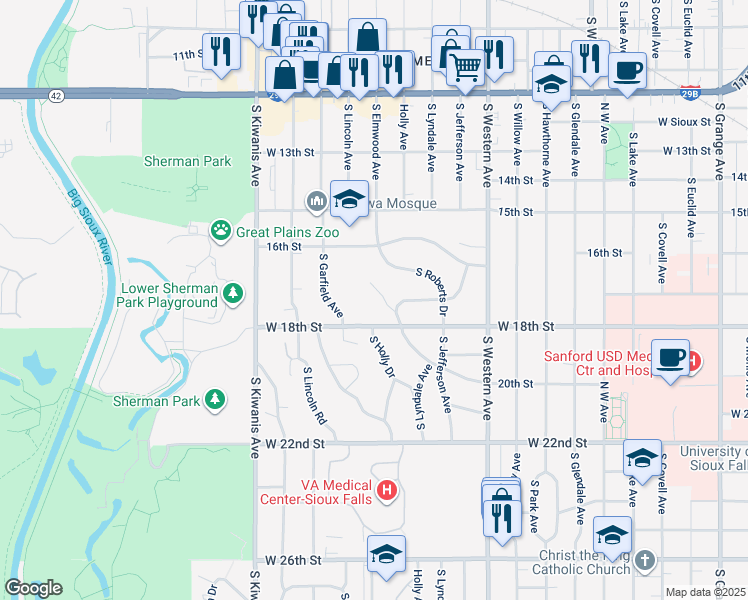map of restaurants, bars, coffee shops, grocery stores, and more near 2408 West Kenwood Court in Sioux Falls