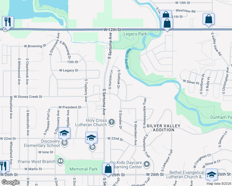 map of restaurants, bars, coffee shops, grocery stores, and more near 7200-7298 West Stoney Creek Street in Sioux Falls