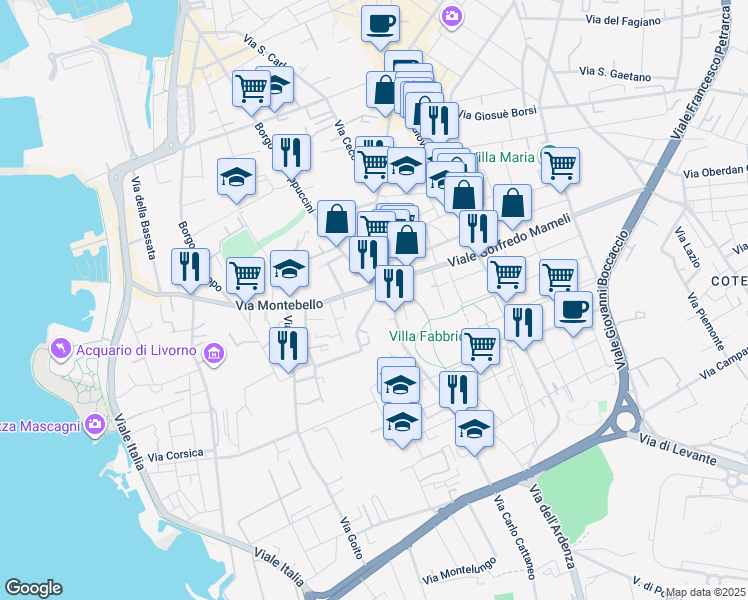 map of restaurants, bars, coffee shops, grocery stores, and more near 10 Viale Rosa del Tirreno in Livorno