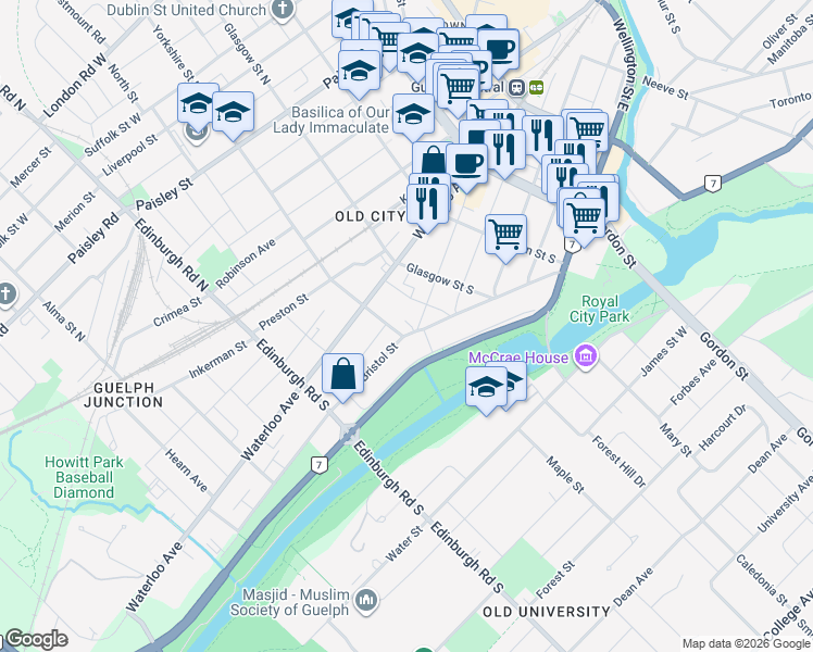 map of restaurants, bars, coffee shops, grocery stores, and more near 70 Yorkshire Street South in Guelph
