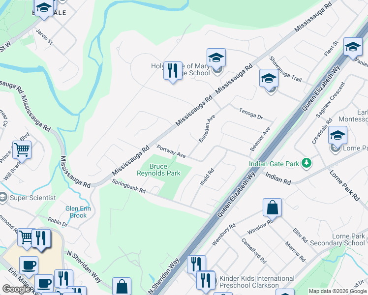 map of restaurants, bars, coffee shops, grocery stores, and more near 1564 Atrium Court in Mississauga