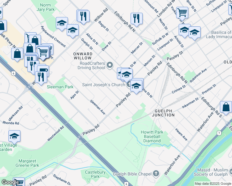 map of restaurants, bars, coffee shops, grocery stores, and more near 9 Western Avenue in Guelph