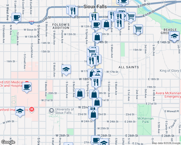 map of restaurants, bars, coffee shops, grocery stores, and more near 413 West 17th Street in Sioux Falls