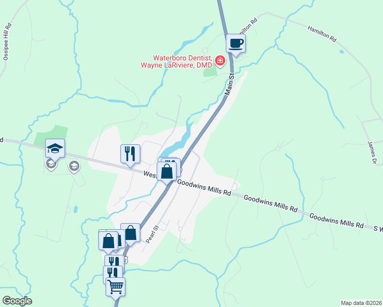 map of restaurants, bars, coffee shops, grocery stores, and more near 900 Main Street in Waterboro