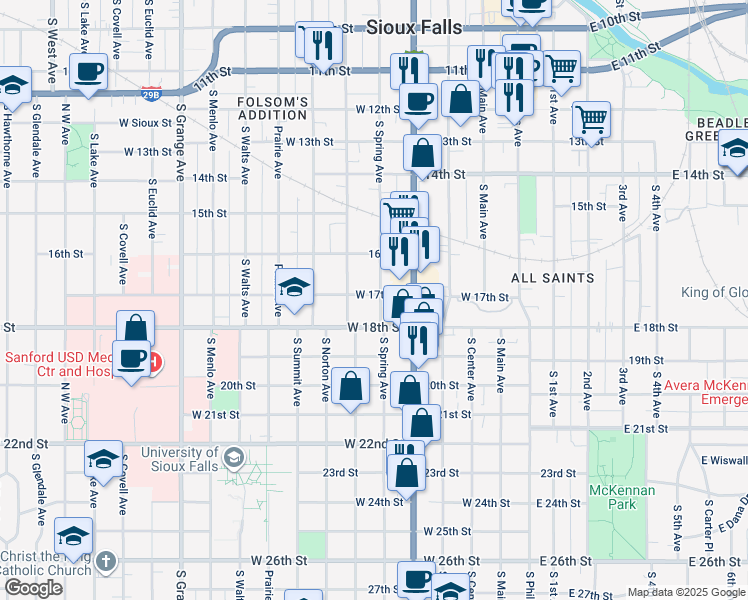 map of restaurants, bars, coffee shops, grocery stores, and more near 903 South Spring Avenue in Sioux Falls