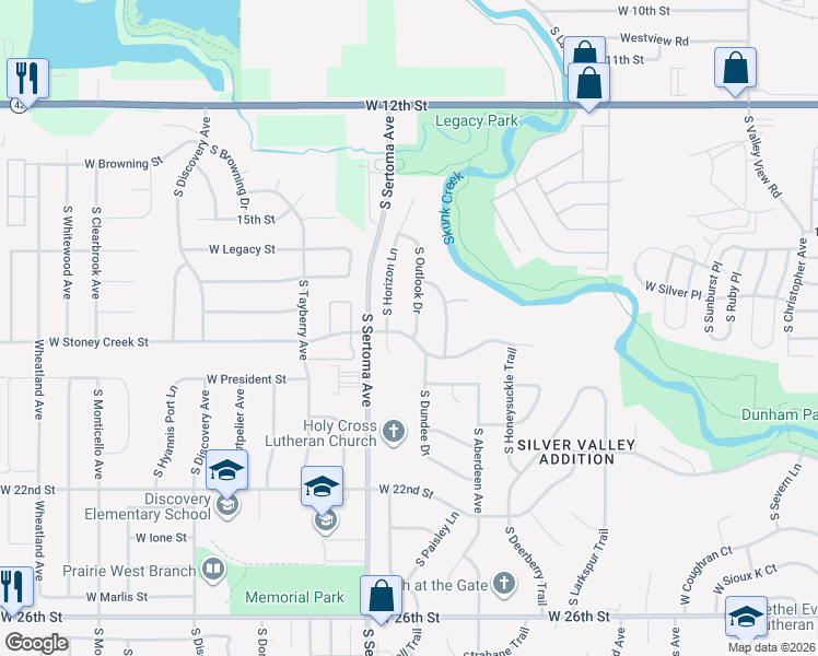 map of restaurants, bars, coffee shops, grocery stores, and more near 7200-7298 West Stoney Creek Street in Sioux Falls