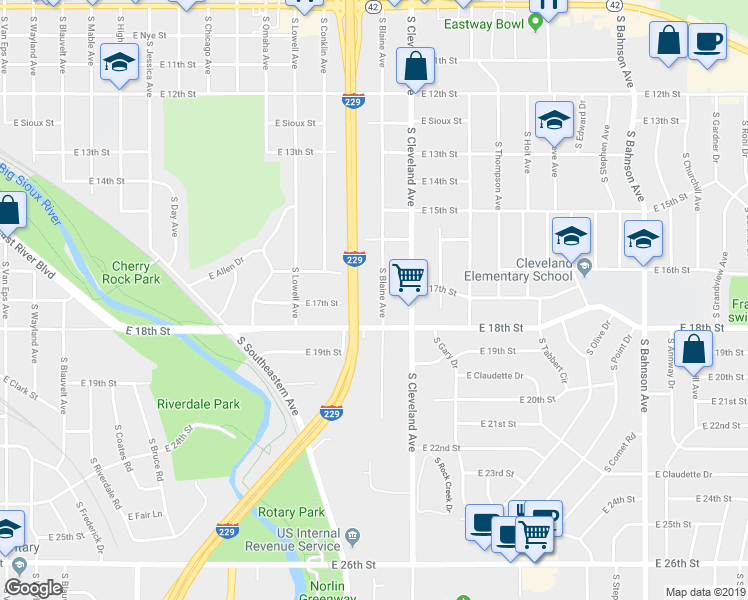 map of restaurants, bars, coffee shops, grocery stores, and more near 1001 South Blaine Avenue in Sioux Falls