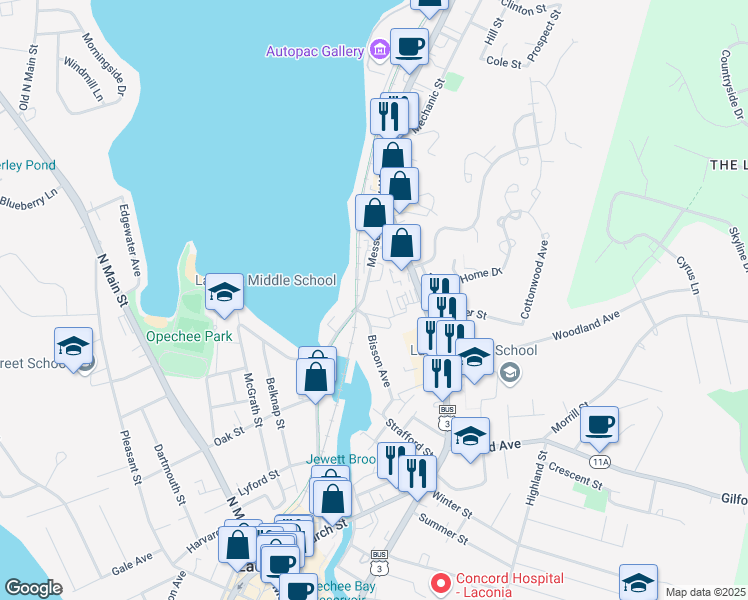 map of restaurants, bars, coffee shops, grocery stores, and more near 229 Messer Street in Laconia