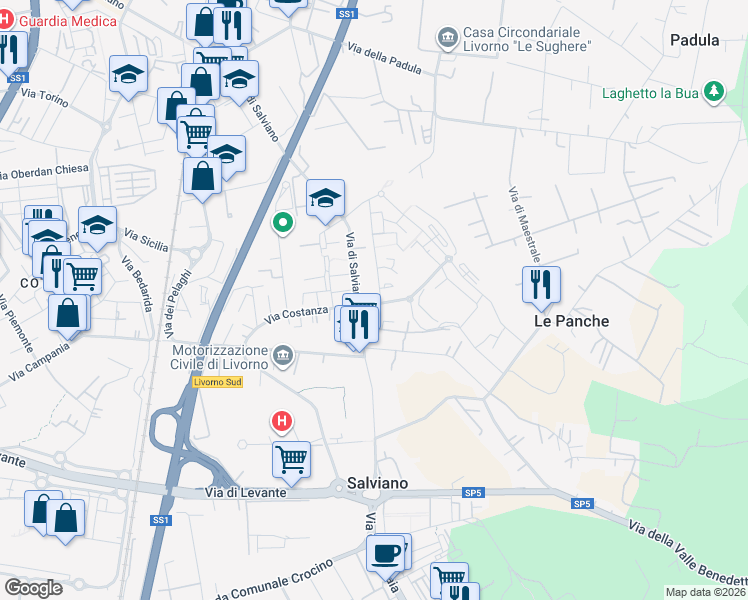 map of restaurants, bars, coffee shops, grocery stores, and more near 7 Via Renuccio Renucci in Livorno