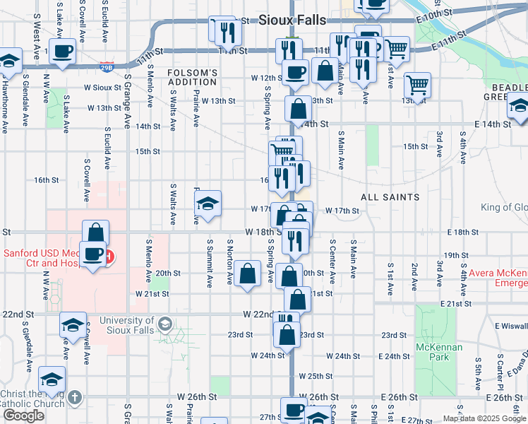 map of restaurants, bars, coffee shops, grocery stores, and more near 901 South Spring Avenue in Sioux Falls