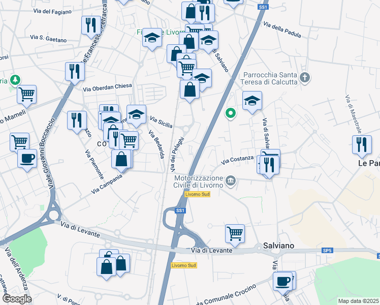 map of restaurants, bars, coffee shops, grocery stores, and more near 98 Via dei Pelaghi in Livorno