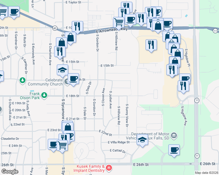 map of restaurants, bars, coffee shops, grocery stores, and more near 1013 South Joliet Avenue in Sioux Falls