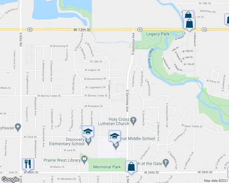 map of restaurants, bars, coffee shops, grocery stores, and more near 7444 West Stoney Creek Street in Sioux Falls