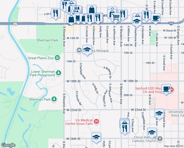 map of restaurants, bars, coffee shops, grocery stores, and more near 2450 West Kenwood Court in Sioux Falls