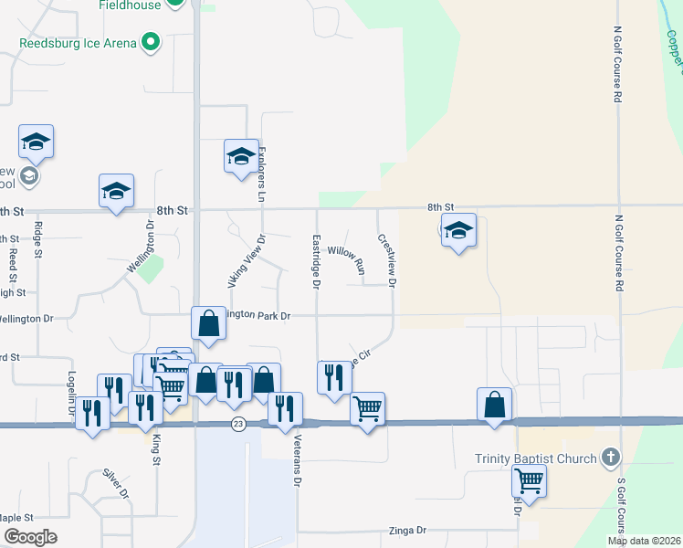 map of restaurants, bars, coffee shops, grocery stores, and more near 2015 Cambridge Court in Reedsburg