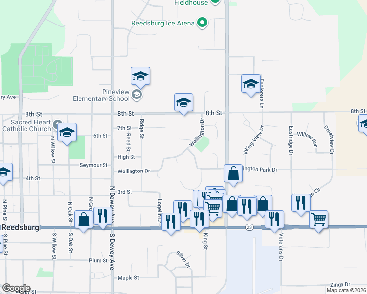 map of restaurants, bars, coffee shops, grocery stores, and more near 1387 Wellington Drive in Reedsburg
