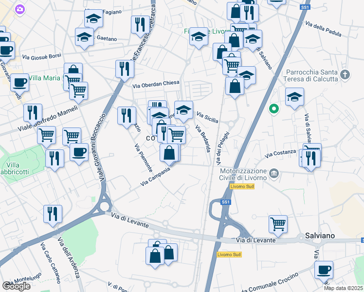 map of restaurants, bars, coffee shops, grocery stores, and more near 12 Via Lombardia in Livorno