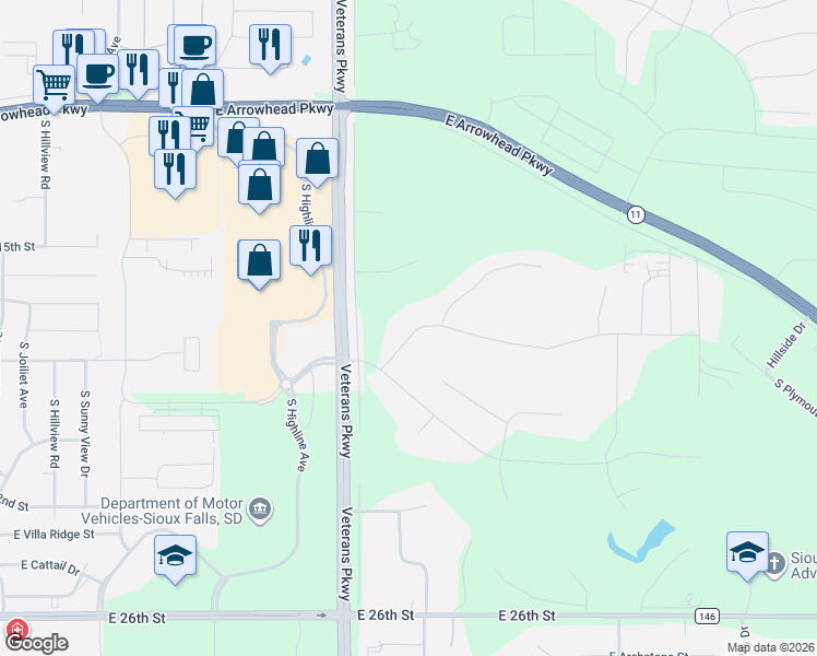map of restaurants, bars, coffee shops, grocery stores, and more near 6005 East Quartzite Drive in Sioux Falls