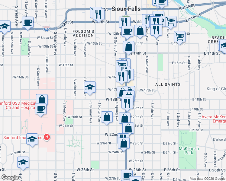 map of restaurants, bars, coffee shops, grocery stores, and more near 521 West 17th Street in Sioux Falls