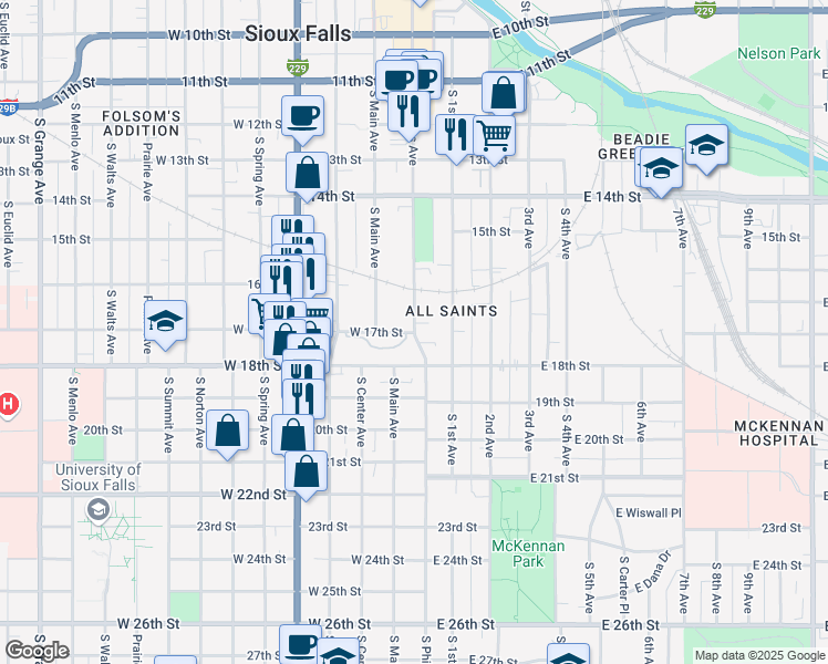 map of restaurants, bars, coffee shops, grocery stores, and more near 4 West 17th Street in Sioux Falls