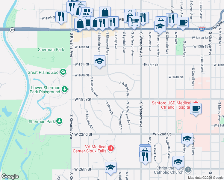 map of restaurants, bars, coffee shops, grocery stores, and more near 2490 West Kenwood Court in Sioux Falls