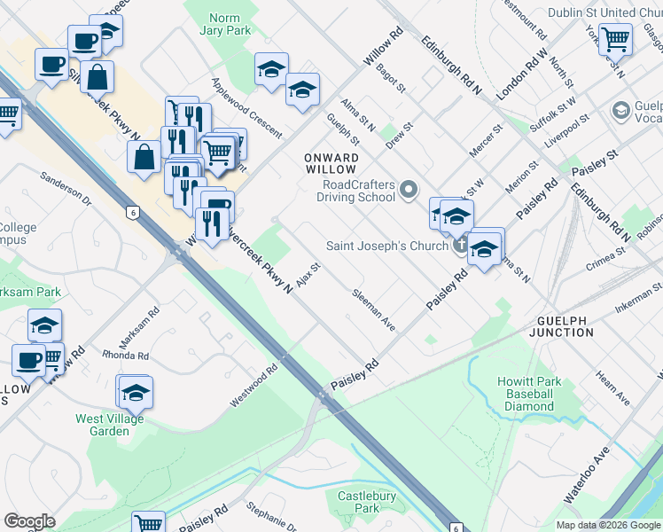map of restaurants, bars, coffee shops, grocery stores, and more near 47 Sleeman Avenue in Guelph