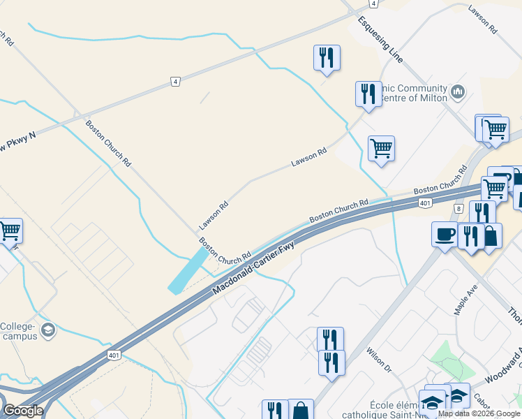 map of restaurants, bars, coffee shops, grocery stores, and more near 8400 Lawson Road in Milton