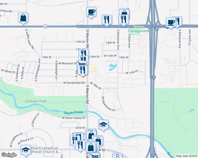 map of restaurants, bars, coffee shops, grocery stores, and more near 921 Willow Meadows Place in Sioux Falls