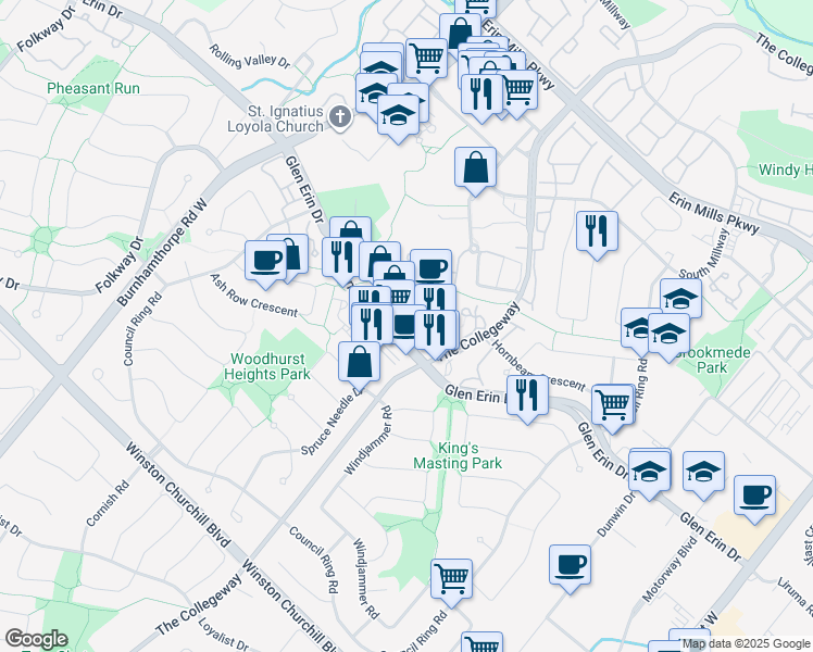 map of restaurants, bars, coffee shops, grocery stores, and more near 3455 Glen Erin Drive in Mississauga