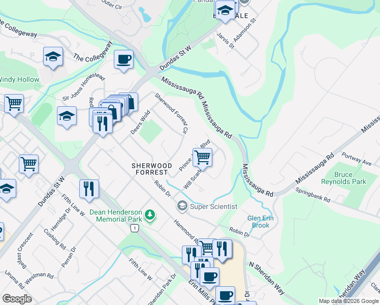 map of restaurants, bars, coffee shops, grocery stores, and more near 2240 Prince John Boulevard in Mississauga