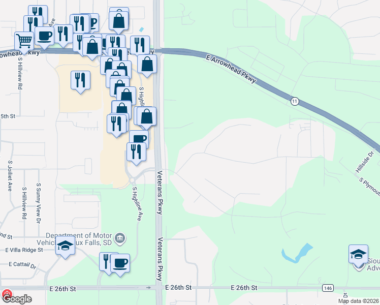 map of restaurants, bars, coffee shops, grocery stores, and more near 6005 East Quartzite Drive in Sioux Falls