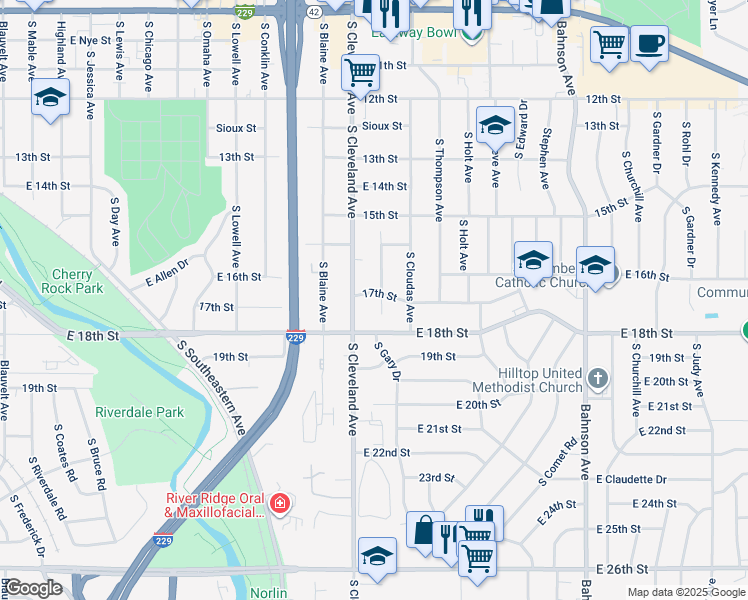 map of restaurants, bars, coffee shops, grocery stores, and more near 1004 South Harrington Circle in Sioux Falls