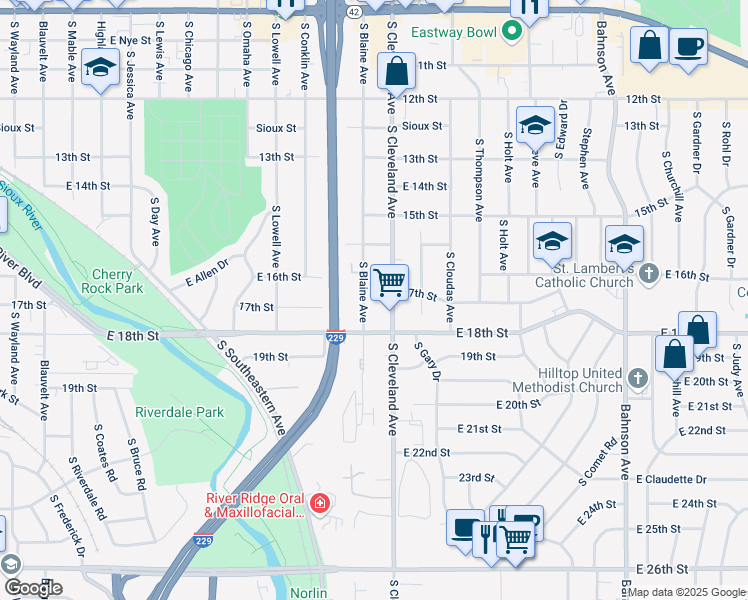 map of restaurants, bars, coffee shops, grocery stores, and more near 1025 S Cleveland Ave in Sioux Falls