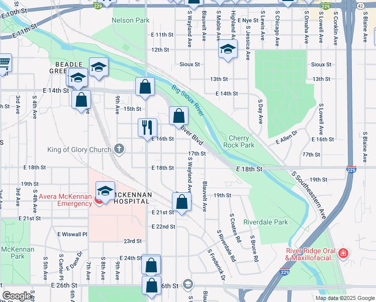 map of restaurants, bars, coffee shops, grocery stores, and more near 1003 South Wayland Avenue in Sioux Falls