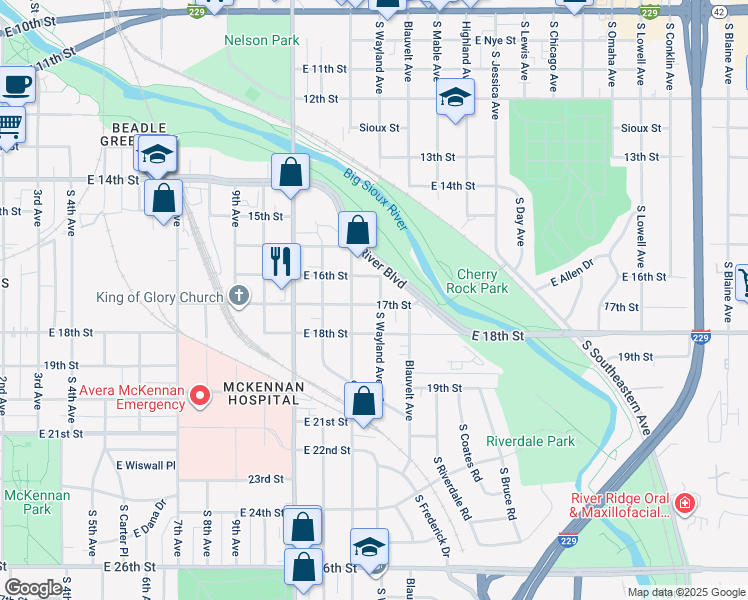map of restaurants, bars, coffee shops, grocery stores, and more near 1003 South Wayland Avenue in Sioux Falls