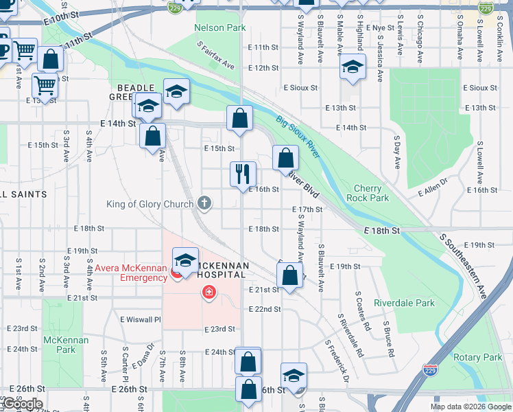 map of restaurants, bars, coffee shops, grocery stores, and more near 1000 Cliff Avenue in Sioux Falls