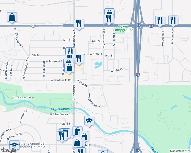 map of restaurants, bars, coffee shops, grocery stores, and more near 4901-5127 West Epsilon Place in Sioux Falls