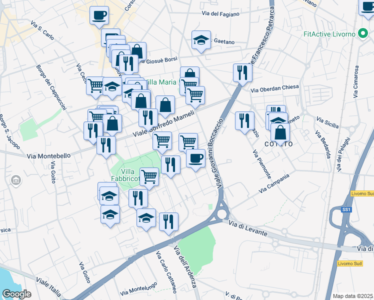 map of restaurants, bars, coffee shops, grocery stores, and more near Viale Accademia Labronica in Livorno