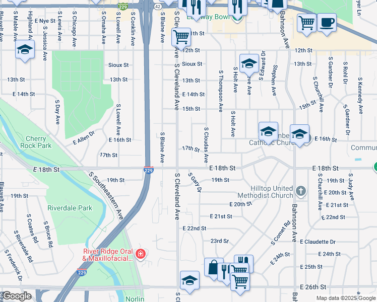 map of restaurants, bars, coffee shops, grocery stores, and more near 1004 South Harrington Circle in Sioux Falls