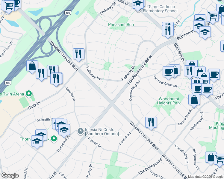 map of restaurants, bars, coffee shops, grocery stores, and more near in Mississauga