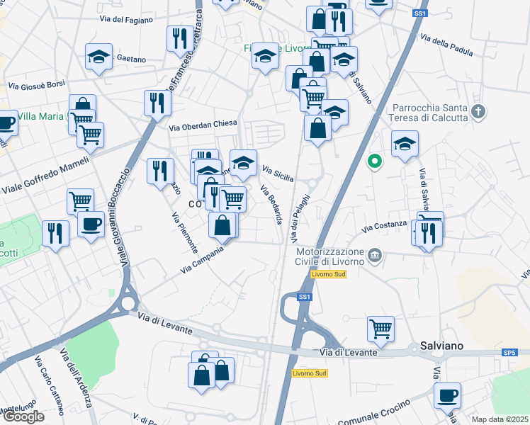 map of restaurants, bars, coffee shops, grocery stores, and more near 41 Via Molise in Livorno
