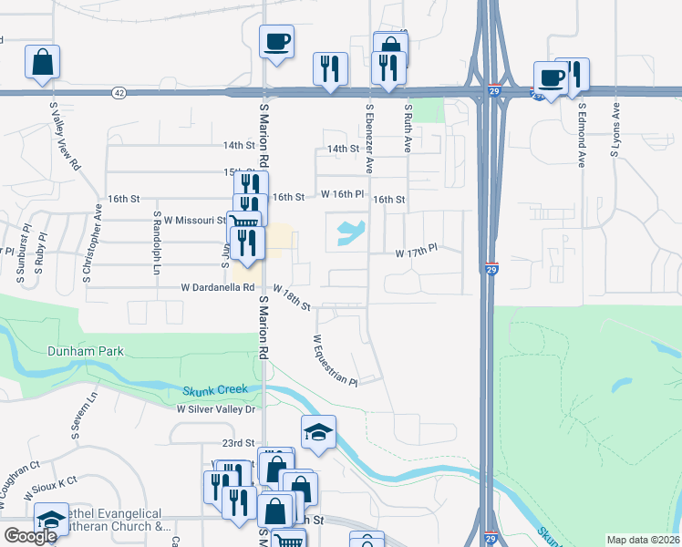 map of restaurants, bars, coffee shops, grocery stores, and more near 4901-5127 West Epsilon Place in Sioux Falls