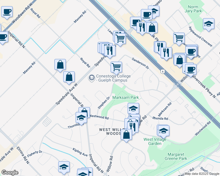 map of restaurants, bars, coffee shops, grocery stores, and more near 180 Marksam Road in Guelph